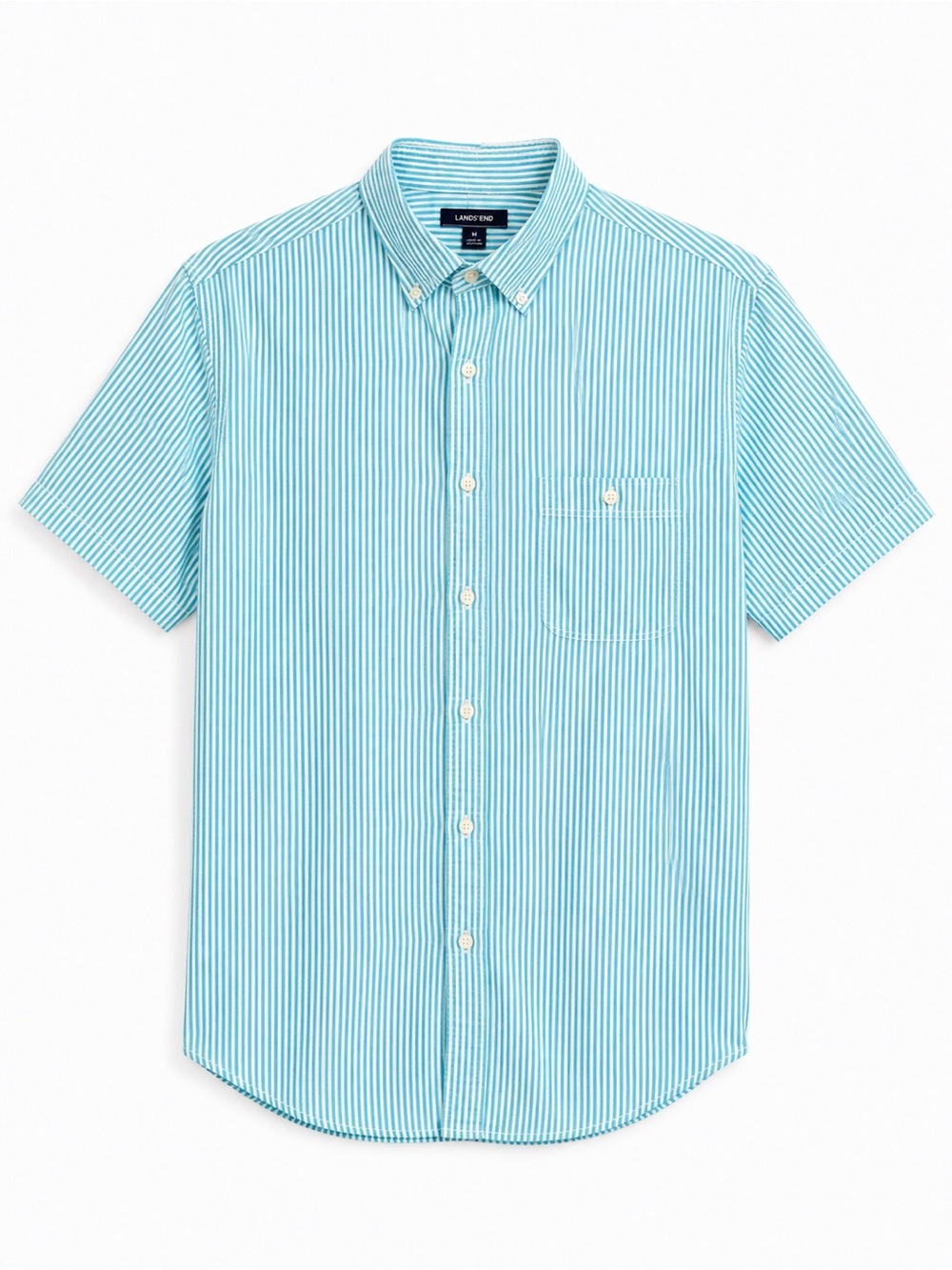 Lands’ End Men’s M Aqua White Striped 100% Cotton Short Sleeve Shirt